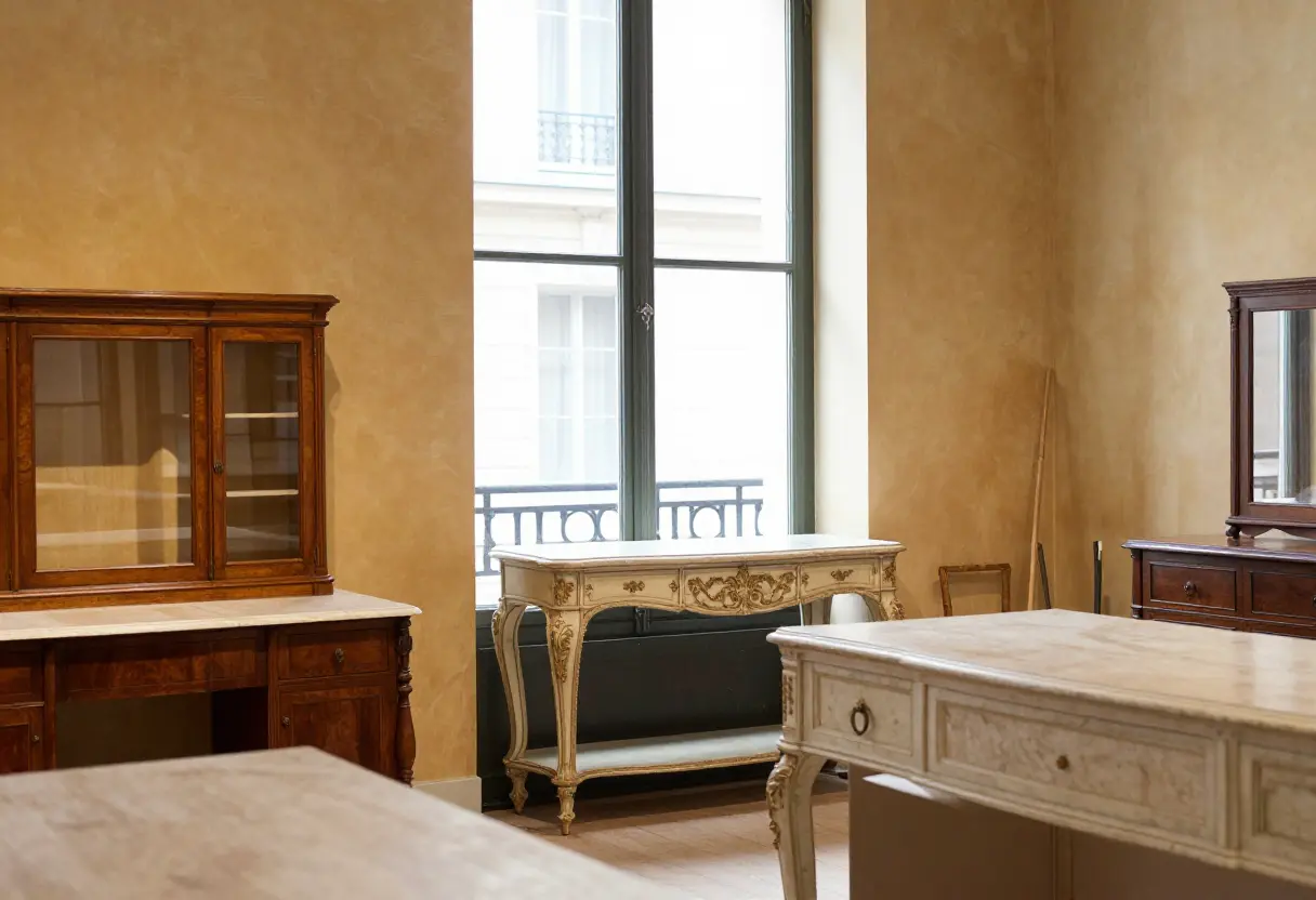 Warm-toned atelier interior with classic wood furniture, a tall window, and ornamented pieces arranged in the room.